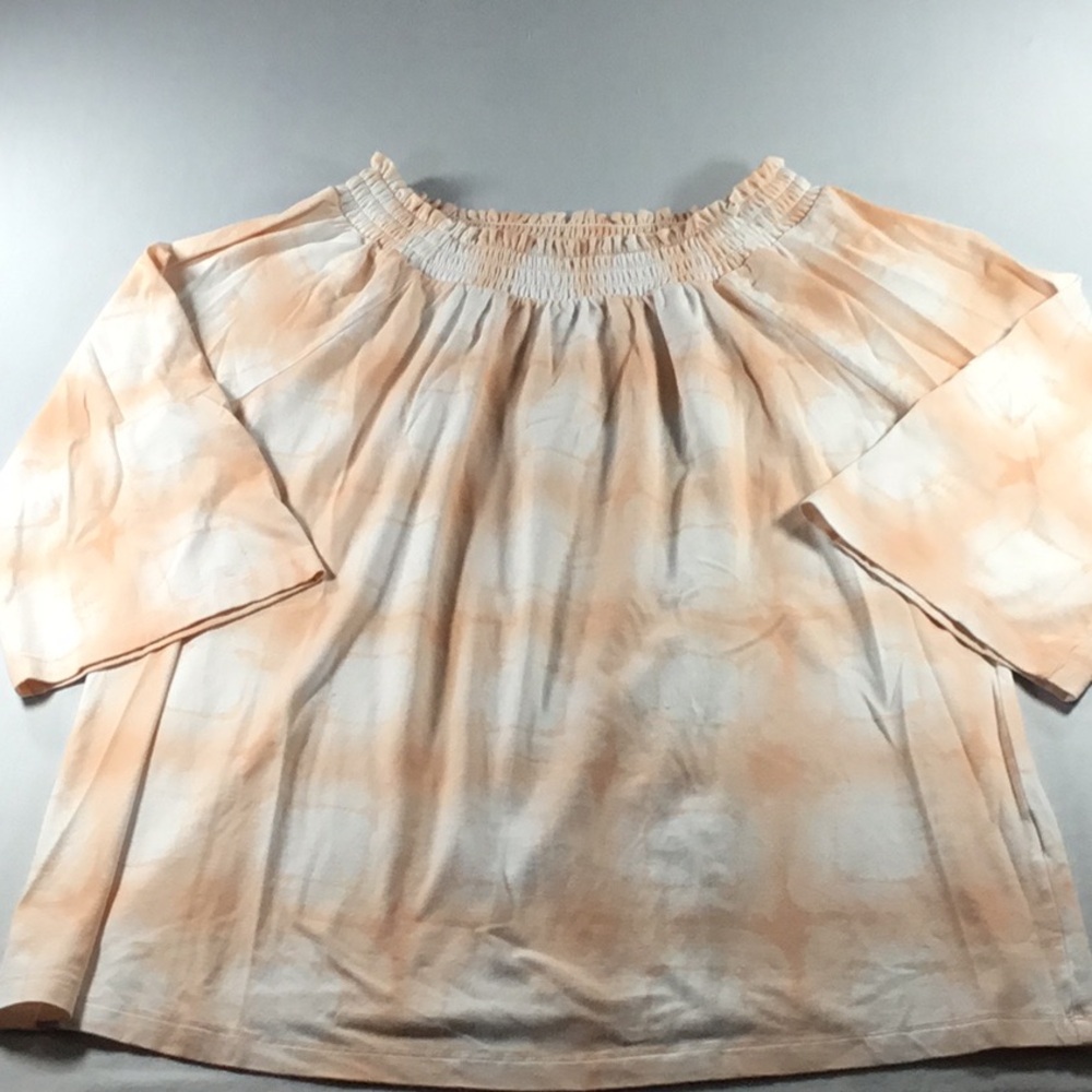 Denim & Co. Fairy Cottagecore Plaid Smocked Peach/White Top Bell Sleeves Size M